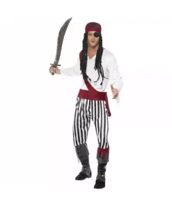 Smiffys Déguisement Pirate Rayé Blanc Et Noir Homme (chemise, Pantalon, Ceinture, Couvre Tête)
